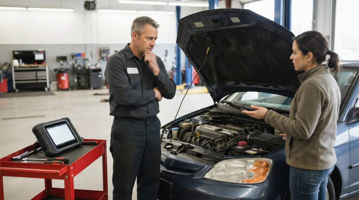 Auto mechanic and customer discuss under the hood of a blue sedan in a repair shop, with a diagnostic tablet on a red tool cart nearby.