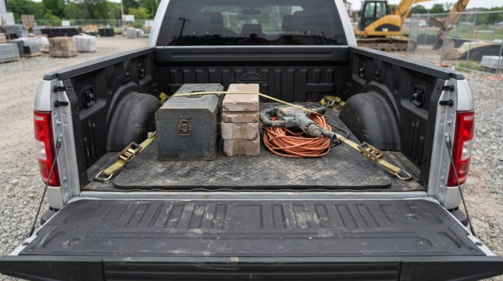 Rubber bed mat over spray-in bedliner protecting a work truck from heavy cargo