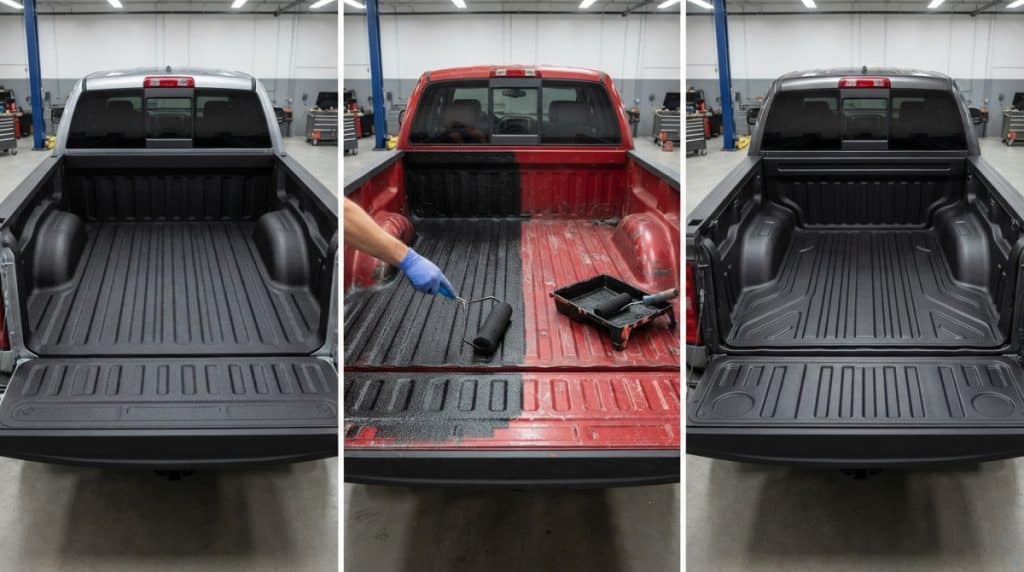 Comparison of spray-in, DIY roll-on, and drop-in truck bedliners