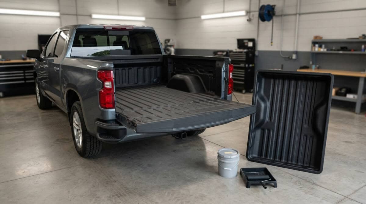Open gray pickup truck bed in a workshop, with a paint bucket and roller tray on the floor beside it, tailgate down.